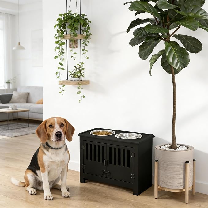 Dog Feeding Station with Storage, 2 Stainless Steel Bowls, Black, Elevated Dog Bowl Holder, Dog Feeder Stand, Wooden Dog Food Organizer for Indoor, Dog Food Storage Cabinet