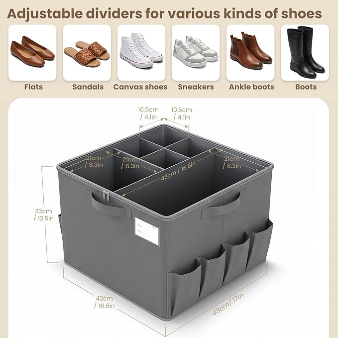 Varhomax Shoe Organizer Box for Closet, Fabric Storage Basket | Foldable Shoe Bin with Adjustable Dividers & Clear Cover, Saving Space Sneakers & Sandals Containers for Entryway, Cubby