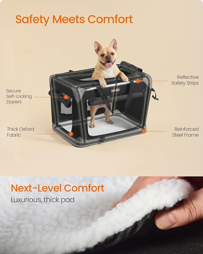 Feandrea Collapsible Dog Crate, Portable Oxford Fabric Pet Travel Crate with 4 Mesh Doors, Handles, Pocket, 24 Inches, for Small Dogs, Ink Black and Dove Gray UPDC026BH01