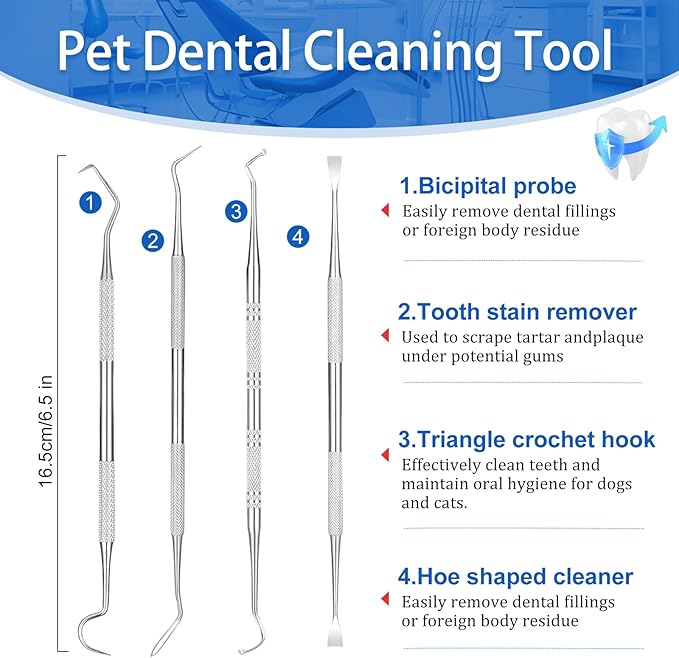 4 Pack Stainless Steel Pet Dental Tools for Dogs and Cats, Professional Tartar Remover Scraper Kit for Teeth Cleaning, Plaque and Calculus Control, Oral Care Hygiene for Home or Vet Use