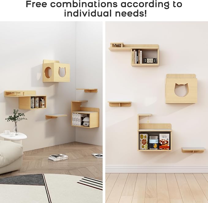 Cat Wall Shelves with Storage, Modern Floating Cat Shelves for Playing, Set of 5 Levels, Wood Color, Wall Mounted Cat Furniture and Perch, Cat Climbing Wall with Two Bowls