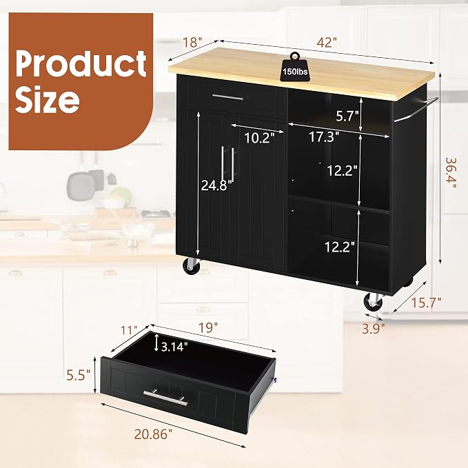 JY QAQA 42" Kitchen Island on Wheels with Storage Cabinet Kitchen Cart Cabinet with Shelves, Cart Handle for Towel Rack or Free Mobility, Portable Islands for Kitchen