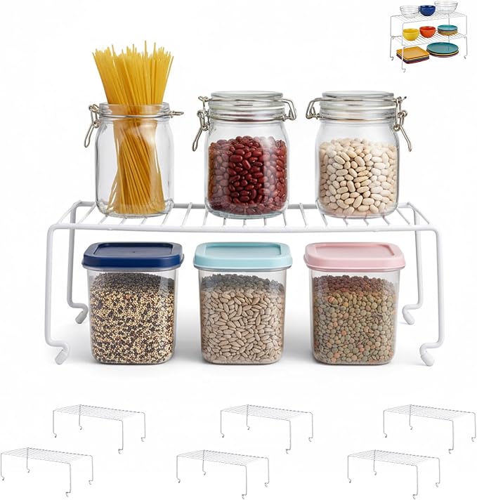 6-Pack Large (15.7x8.54inch) Multi-Level Organizer Rack, Kitchen Shelves for Spice Organization for Cabinet, Pantry Organizers and Storage, Wire Extra Shelf, Desk Organizer, Stackable, White