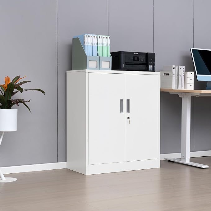 Wanfu Metal Storage Cabinet, 36" H Locking Storage Cabinet with 2 Adjustable Shelves for Garage, Home, Office, Utility Room-White