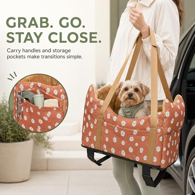 Dog Car Seat for Small Dogs 5-15 lbs,Cofe Color | Pet Travel Booster Seat with Safety Leash, Detachable Seat Belt,Storage Pockets