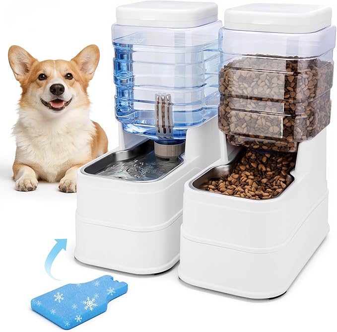 Automatic Cat Feeder and Water Dispenser with Stainless Steel Bowl with Ice Pack Gravity Food Feeder and Waterer Set Feeding Raised Bowls with Filter for Dog 1.3 Gallon x 2(White)