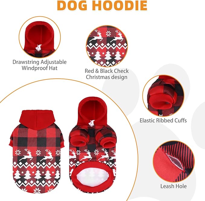KOOLTAIL Christmas Dog Hoodie, Red Plaid Pet Sweater, Hat Hooded Sweatshirt Dog Clothes for Small Medium Large Dogs, Soft Warm Winter Cold Weather Coat with Leash Hole&Pocket, Reindeer Snowflake, L