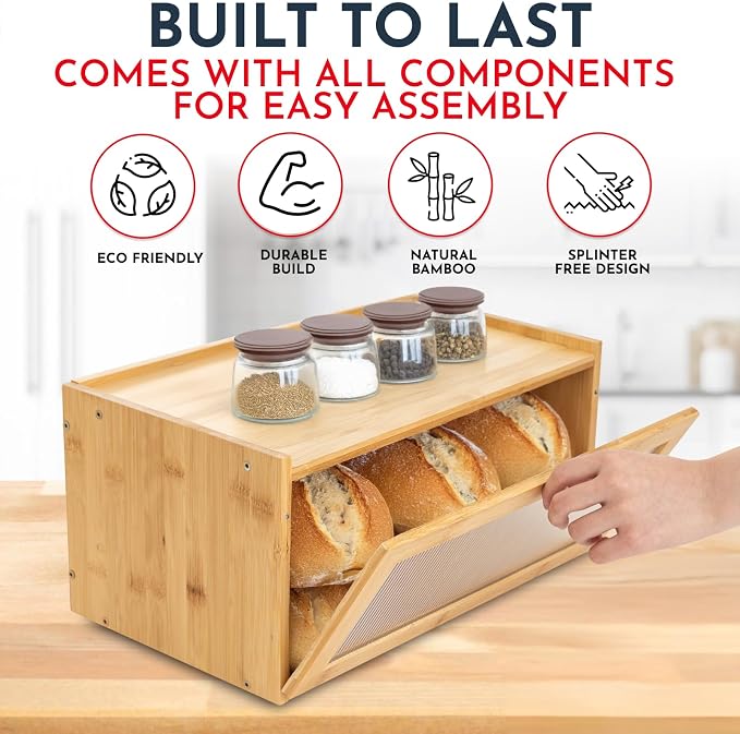 Large Bamboo Bread Box for Kitchen Countertop Acrylic Window, Extra Storage | Bread Box for Homemade Bread with Large Storage Capacity, Acrylic Window and Extra Top Storage