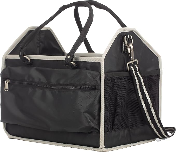 Equinavia Darby Large Collapsible Grooming Tote Bag for Horses, Dogs, Cats | Organizer with Shoulder Strap | 9" x 13" x 12" - Black/Silver - One Size