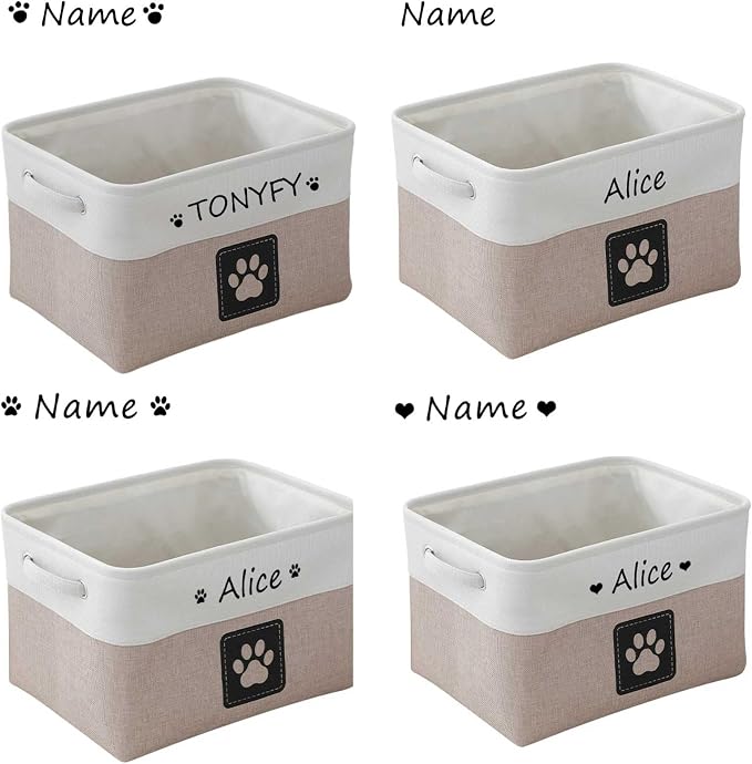 Custom Name Pet Dog Toys Basket/Bin, Paw Custom Personalized Logo Cat Clothes Box Accessories Organize Storage Bin, 4 Patterns Round Paw, Classic Paw, Heart or Name Only (Khaki)