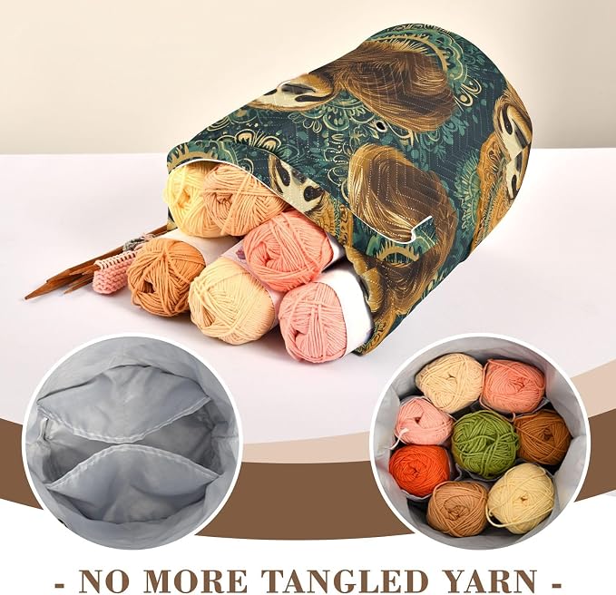 Fustylead Retro Cute Sloths on Green Mandala Background Knitting Yarn Storage Tote Basket, Durable Polyester Large Crochet Drawstring Bag for Crocheting Project, Sewing Supplies, Needles
