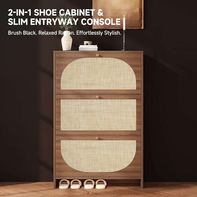 Shoe Storage Cabinet for Entryway, Slim Arched Rattan Accent Shoe Cabinet with 3 Flip Drawers & 3-Tier Adjustable Shelves, Modern Boho Shoe Storage Cabinet, Narrow Shoe Rack for Small Spaces