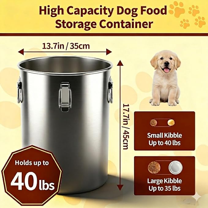 304 Stainless Steel Dog Food Storage Container, 35LB/40LB Airtight Pet Food Container with Locking Lid & Silicone Seal, Large Metal Food Storage Bin for Dry Dog/Cat Food, Rice, Flour (35 LBS)