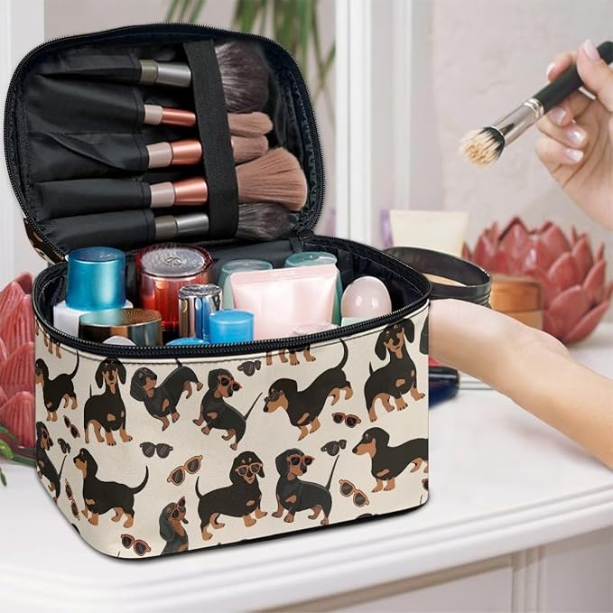 Dachshund Makeup Bag for Women Lightweight Multi-functional Cosmetic Bag Large Capacity Makeup Case Organizer with Handle for Travel Trip Daily