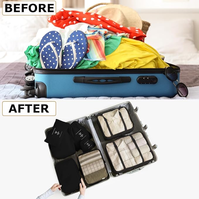 LANSKLBD 6/8 Set Packing Cubes for Suitcases Travel Luggage Packing Organizers,Travel Accessories Essentials Luggage Organizer with Shoe/Tioletry/Laundry Bag (Black, 8 set)