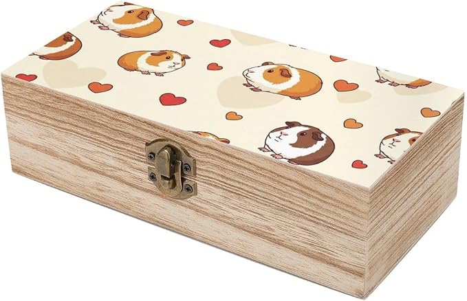 Wooden Storage Boxes Decorative Keepsake Organizer with Lid, Cute Guinea | Pig Pets Memory Box for Picture Letters, Holiday Party Decoration, 9.2x5.5x3.9 Inch