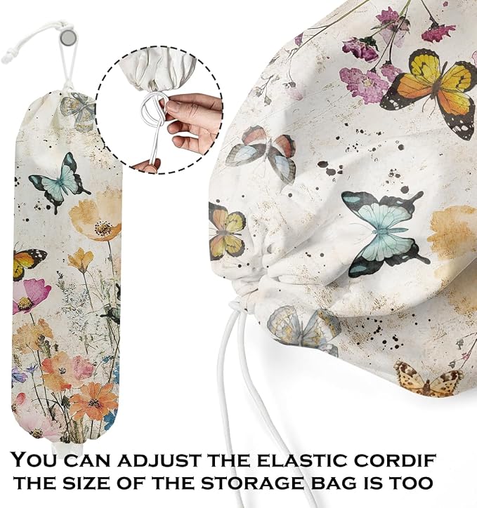 Vintage Floral Plastic Bag Holder, Wall Mount Trash Bag Holder 22.5x9 Inch | Summer Floral Reusable Grocery Bags Storage Dispenser for Home Kitchen Pantry Farmhouse, Butterfly Gifts for Women