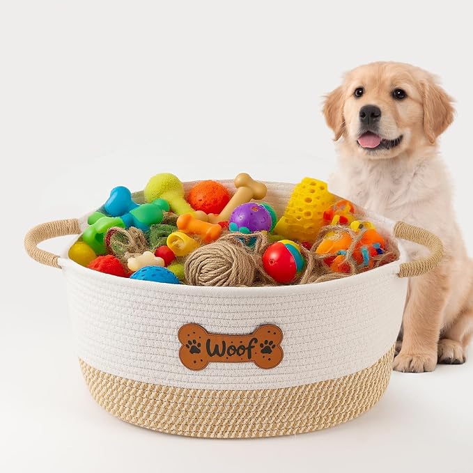 Dog Toy Basket, Dog Toy Box Organizer Baskets, Woven Cotton Rope Pet Puppy Dogs Toy Bin With Handle, Chew Toys Blankets Leashes Storage Baskets for All Pets - Puppies to Large 14" L x 10.2" W x H 7.9"