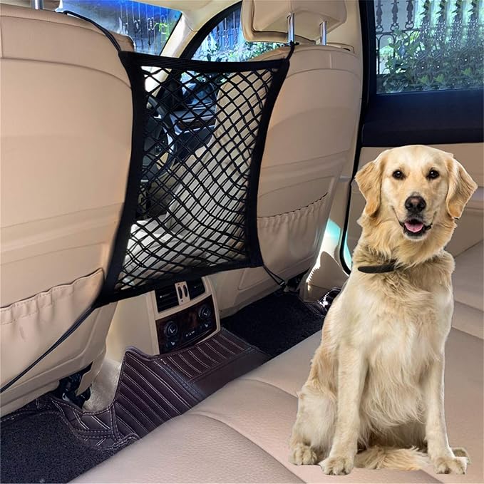 DYKESON Pet Barrier Dog Car Net Barrier with Auto Safety Mesh Organizer Baby Stretchable Storage Bag Universal for Cars, SUVs -Easy Install,Safer to Drive with Pets and Children, 2 Layer | Upgraded Pet Barrier With Stretchable Storage Bag Pouch，Auto Ba...