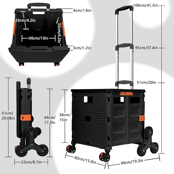 Foldable Utility Cart Collapsible Crate Rolling Carts with Stair Climbing Wheels Rolling Tote Basket Teacher Cart with Lid Wear-Resistant 360°Rotate Wheel Noiseless for Moving Office-Black