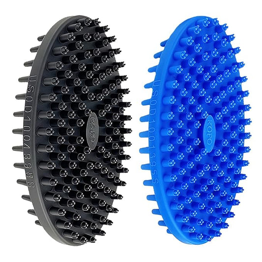 ROPO Double Sided Dog Bath Brush, Pet Grooming Tool with Long and Plum Blossom Teeth, Deep Cleaning and Massage (Blue+Black)