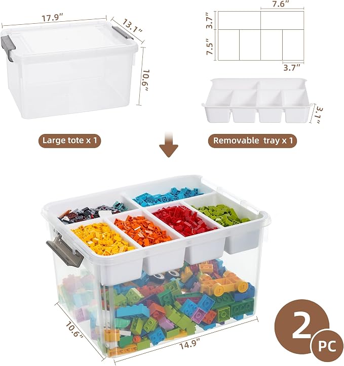 Citylife 32QT 2Packs Clear Craft Organizers and Storage Box with Tray | Stackable Art Supply Organizer Storage Bins with Lids for Beads, Markers, Sewing, Tools, Clothes, Files, Office Supplies