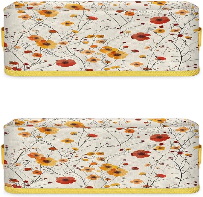 Red Yellow Flowers Bathroom Storage Basket, Foldable with Handle Open Countertop Paper Towel Decorative Box, Toilet Tank Top Shelf Baskets for Home Closet Bedroom Living Room Office