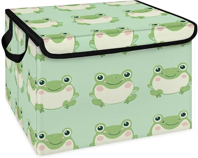 Cute Frog Storage Bins with Lids, Cartoon Animal Foldable Storage Boxes with Carrying Handle Organizer Containers Baskets Cube for Home Bedroom Closet
