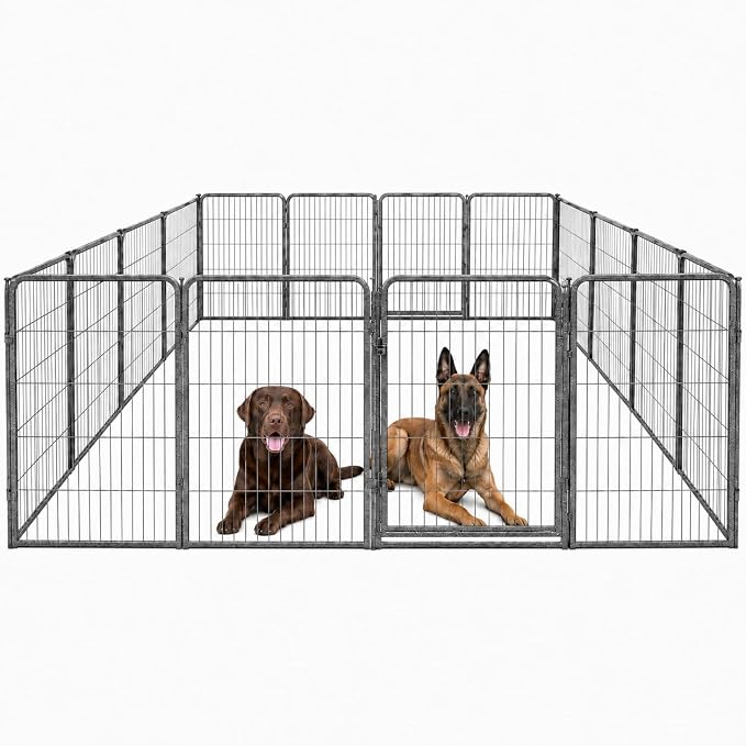 Dog Play Pen for Indoor Use - 40'', 16 Panels for Medium and Large Size Dogs - Portable Grey Playpen Kennel for House or Garage - Metal Heavy Duty Pet Fence with Anti-Slip Feet