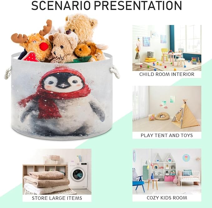 DOMIKING Large Storage Basket for Toys Christmas Penguin White Pattern Storage Bin Box Kids Laundry Hamper for Nursery Laundry Hamper Books Home Decor