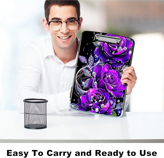 Purple Rose 01 A4 Clipboard with Storage Pen Holder, Clipboards Organizer Nursing Clipboard Foldable File Folder Plastic Clipboard Folio Clip Board for Office Students Classroom Doctor
