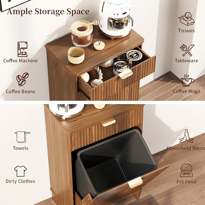Tilt Out Trash Can Cabinet with Dog Bowl, 10 Gallons Dog Feeding Station with Storage Cabinet, Pet Feeder Cabinet with Hideaway Drawer for Kitchen, Living Room (Tilt-Out Dog Feeding Station-Walnut)