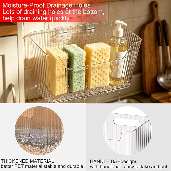 Under Sink Sponge Holder, Cabinet Door Organizer, Stackable PET Organizer, Adhesive Wall Mounted Storage Bins for Kitchen Bathroom Pantry, Clear