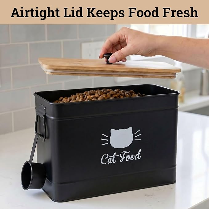 Metal Cat Food Container with Scoop, 15lb (50 Cup) w/ Airtight Bamboo Lid | 15 lb / 50 Cup Capacity, 1 Cup Metal Scoop, Durable Powder Coated Iron Body, Rubber Lined Bamboo Lid, Sturdy Metal Handles