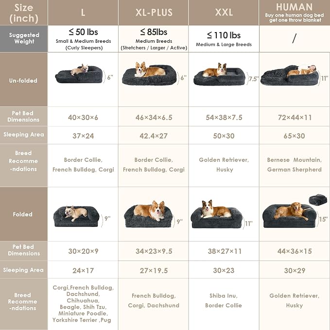 EHEYCIGA Foldable XXL Dog Bed for Large Sized Dog - 54x38x7.5, Dark Grey | Faux Fur Fluffy Pet Couch Bed, Orthopedic Calming Memory Foam Big Pet Bed, Washable Pet Sofa Bed with Non-Slip Bottom