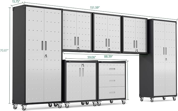 Garage Cabinet System | Heavy Duty Steel All-in-One Modular Garage Cabinet Set for Ultimate Workshop Organization | Easy Assembly Garage Storage Cabinets & Tool Bench