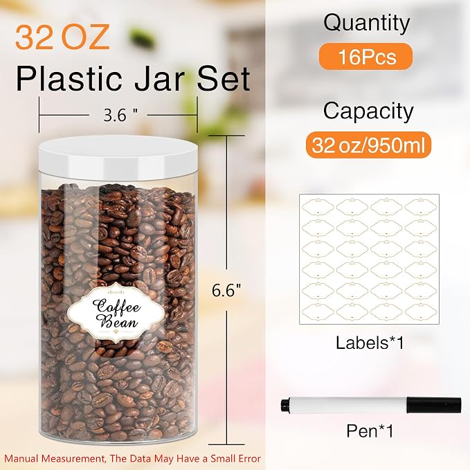 PeacePeo 32 OZ Plastic Jars with Lids, 16 Pack Large Storage Containe | Refillable Round Empty Jars with White Screw-on Lids, Wide Mouth, Reusable Household Containers for Pantry Organization