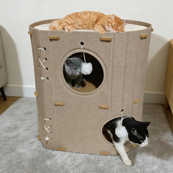 Cat House for Indoor Cats - 2 Storey Foldable Cat Bed Cave with Scratch-Resistant Felt Cats Tunnel Bed Condo & Hanging Fluffy Ball|Cozy Spacious Hideaway for Multi-Cats| Durable & Easy to Store, Cream