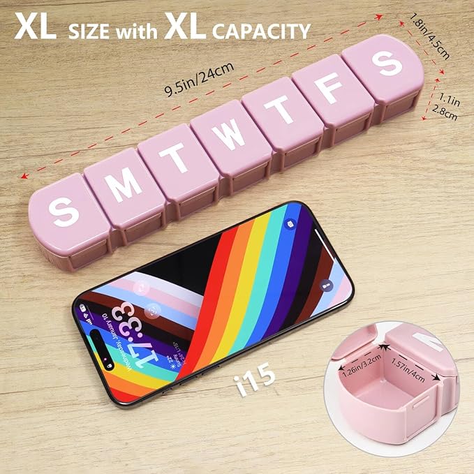 MOLN HYMY Extra Large Weekly Pill Organizer 7 Day, XL 1 Week Pill Dispenser Case, Daily Medicine Organizer to Hold Vitamin Filsh Oil and Supplements (Pink)