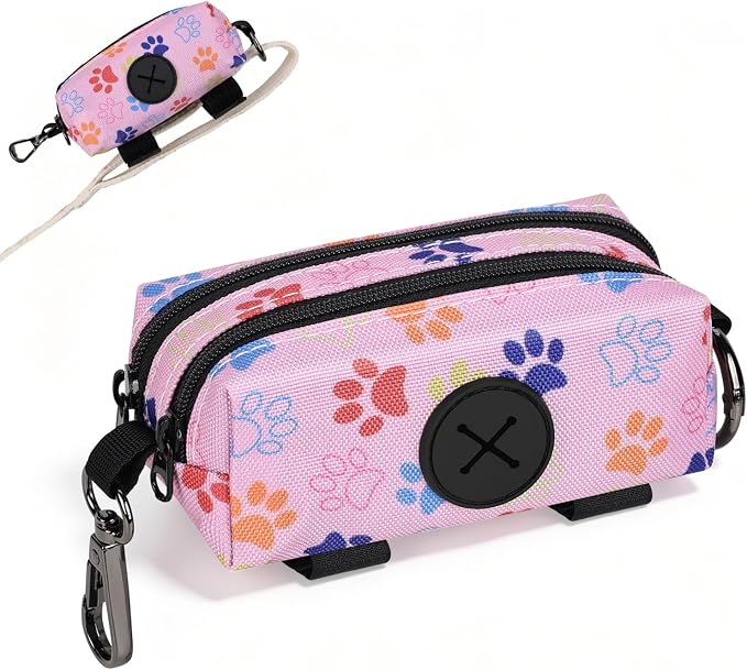 Dog Poop Bag Holder for Leashes 2 Zipper Pockets Pink 1 Pack