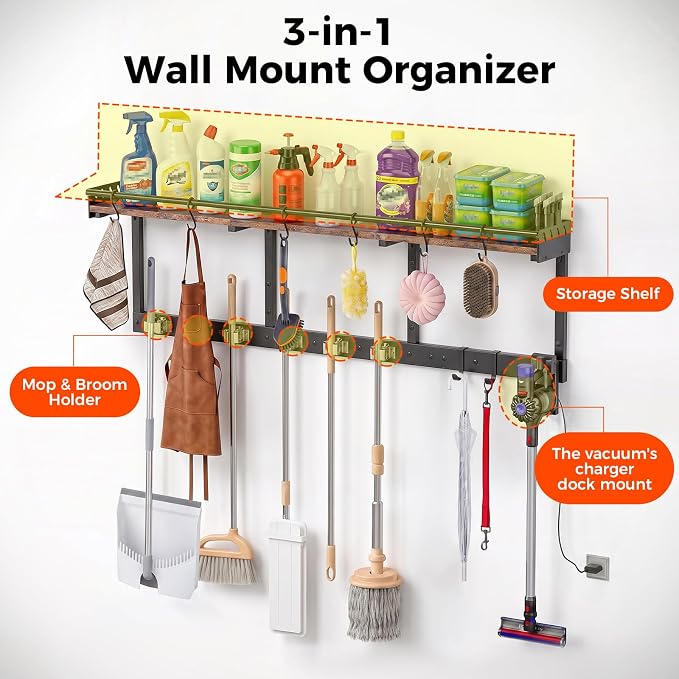Broom Holder Wall Mount with Shelf,Broom Hanger,3 in 1 Broom and Mop Organizer Wall Hanging for Laundry,Garage,Utility,Broom Rack,Vacuum Stand Alternative,Cleaning Supplies Organizer Storage,Black,XL