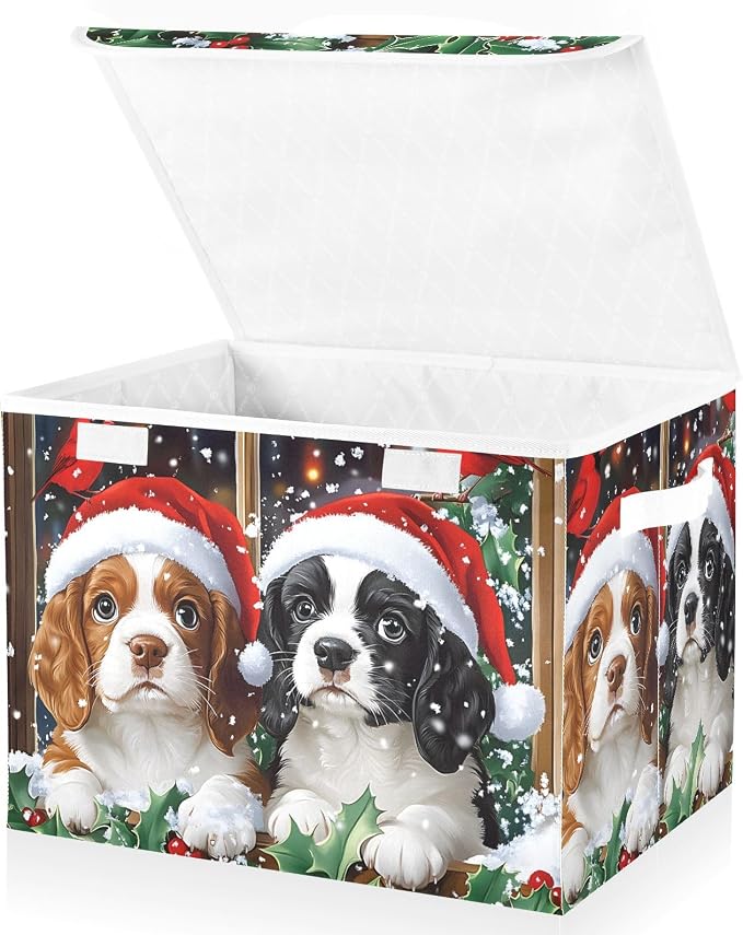 Fabric Storage Bins with Lid Christmas Dog Closet Storage Basket 40L | Decorative Storage Boxes, Foldable & Stackable, Dust-Proof Flip Top, Reinforced Handles, For Home & Dorm, Clothes & Toy Box