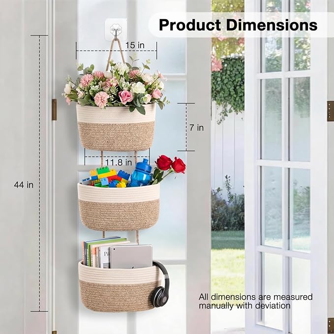 ICERZCZ Hanging Baskets for Organizing, Over the Door Decorative Storage Organizer, Nursery Decor Organization, 3-Tier Wall Basket for Entryway Playroom Bathroom Closet, Mixed Brown & Off White