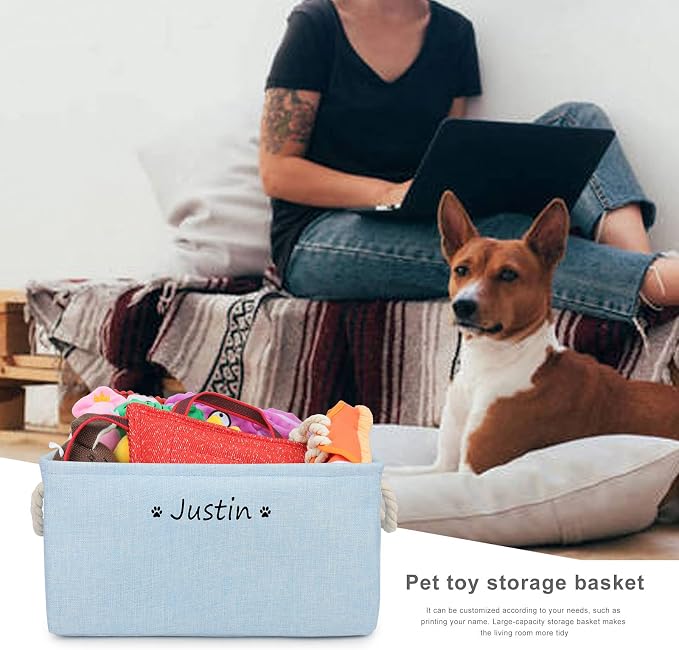 Personalized Dog Toy Storage Basket Bin, Customized Pet's Name Storage, Collapsible Organizer Box for Dog Toys, Clothing, Apparel & Accessories (Blue, L)