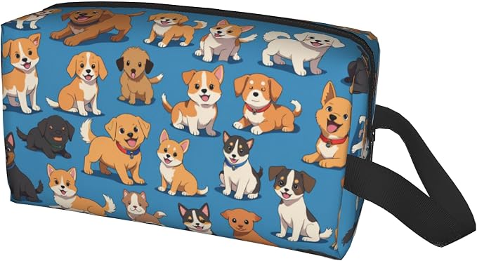 Cute Dogs Print Makeup Bag - Durable 600D Oxford Fabric Travel Cosmetic Bag, Shockproof Foam Padded Toiletry Organizer for Gym & Daily Use 10x6.2x4.9 Inch