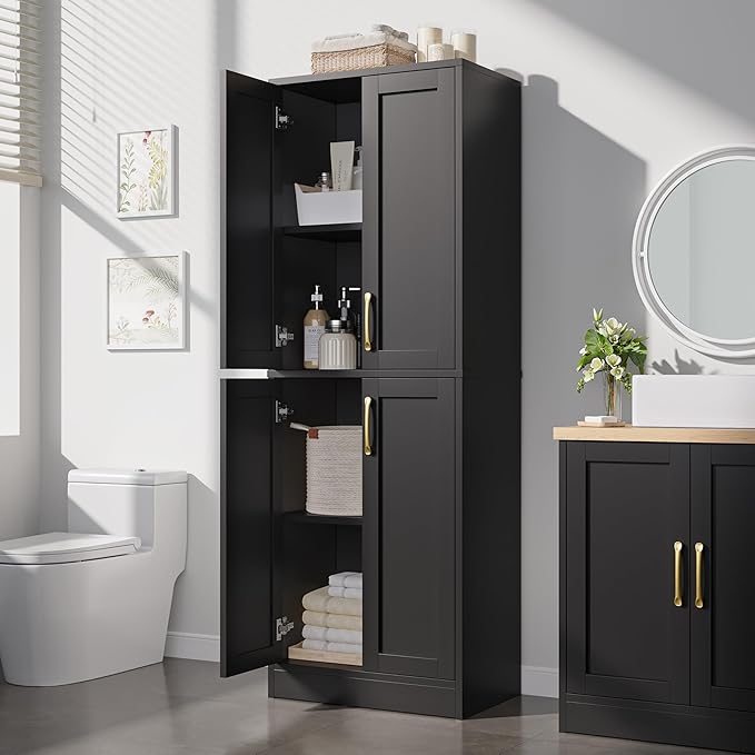 Pantry - Kitchen Pantry Cabinet with 4 Doors and Adjustable Shelves, Tall Black Cabinet Freestanding Storage Cupboard for Dining Room Living Room, Laundry, Bathroom (Black)