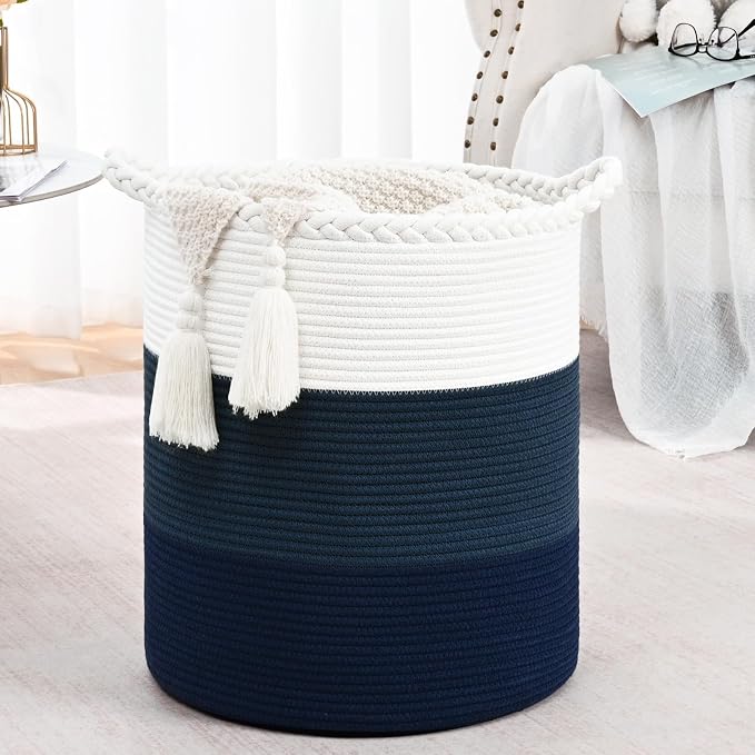 Laundry Hamper for Organizing, 52L Large Laundry Baskets, Cotton Rope Woven Blanket Basket, Collapsible Laundry Hamper for Living Room, Nursery, 15"×18", Dark Blue