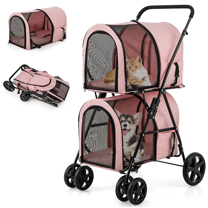 Giantex Double Pet Stroller with 2 Detachable Carrier Bags, Safety Belt, 4 Lockable Wheels, Folding Cat & Dog Stroller for Small Medium Pets, Cats Dogs Puppy Travel Strolling Cart (Pink)