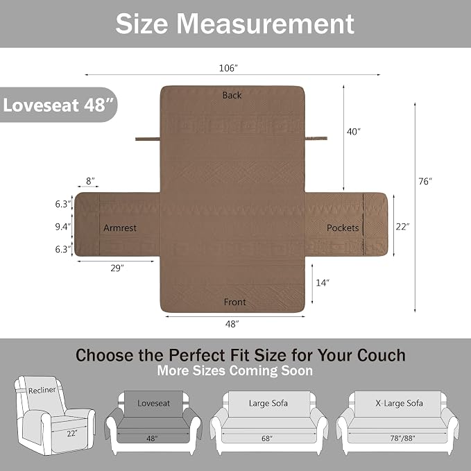 Toffee Loveseat Covers for 2 Cushion Couch, Water-Repellent Covers for Love Seat Sofa, Machine Washable Quilted Couch Covers, Pet Friendly Sofa Slipcovers (Loveseat 48", Raw Umber)