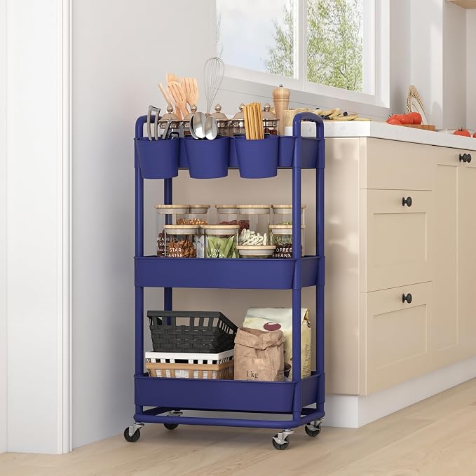 3-Tier Plastic Rolling Storage Cart Utility Cart Blue | Utility Cart with Extra Hanging Cups Arc-Shaped Handles Lockable Wheels for Living Room Bathroom Kitchen Office